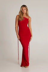 One shoulder backless draped dress(Red)