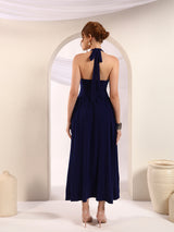 Solid Halter Deep V Neck Midi Dress