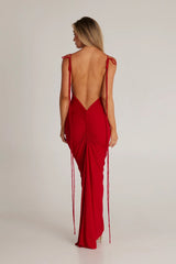 One shoulder backless draped dress(Red)