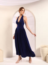 Solid Halter Deep V Neck Midi Dress