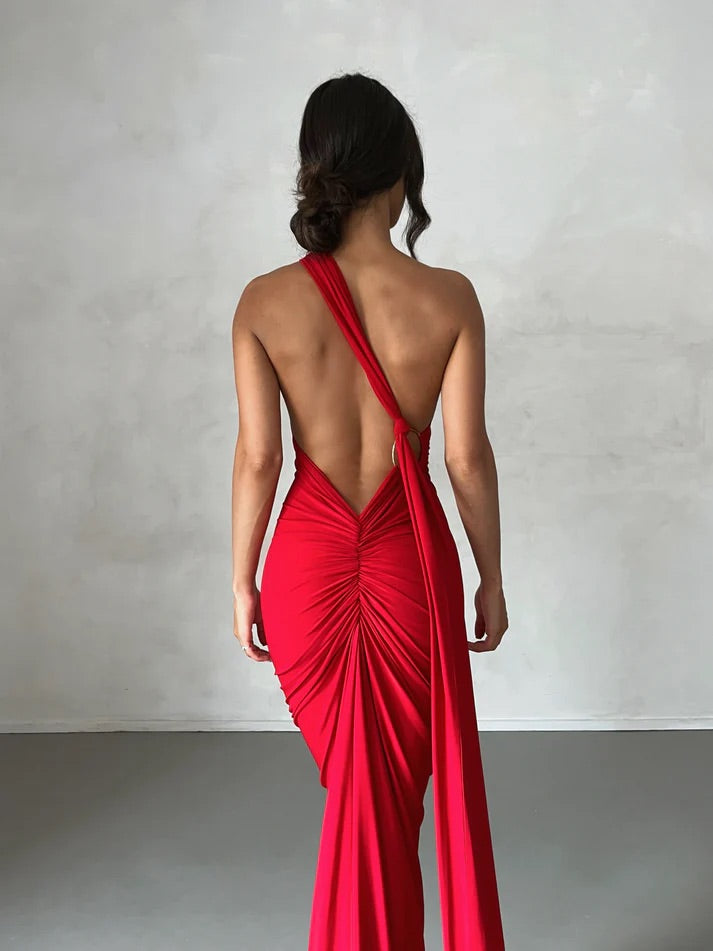 Red One Shoulder Backless Gown