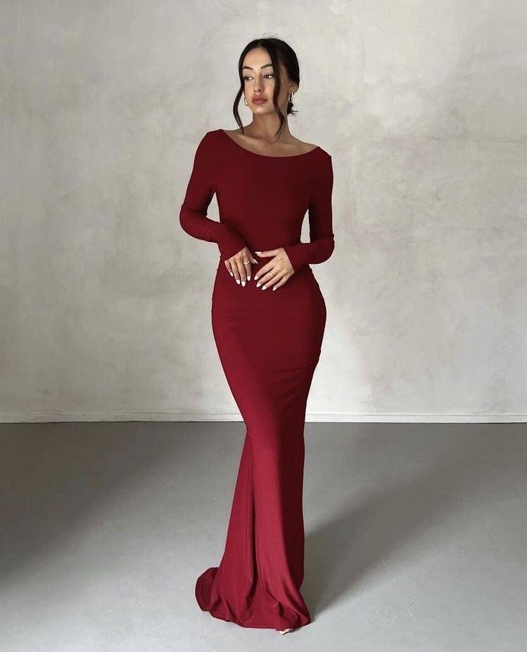 Burgundy Red full sleeves backless dress