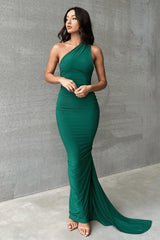 Bottle Green One Shoulder Backless Gown