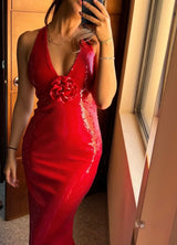 Red Sequin Flower Maxi dress