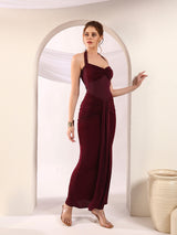Wine Halter Neck Ruched Maxi Dress