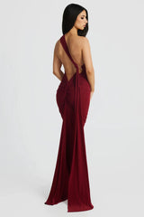 Red wine one shoulder backless dress