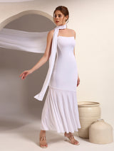 White Spaghetti Strap Maxi Dress with Scarf