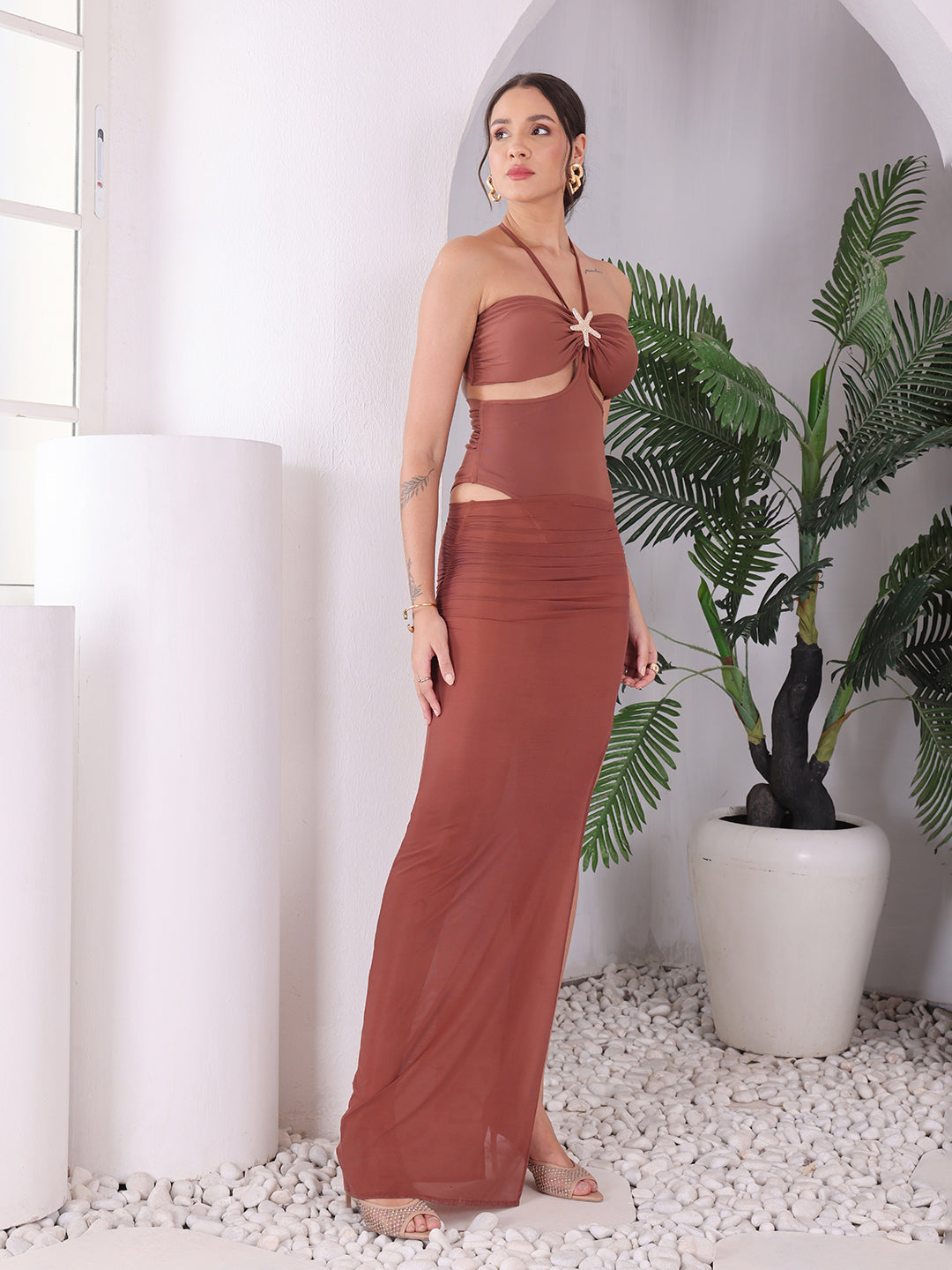 Brown Cut-Out Bodysuit & Ruched Mesh Skirt Set