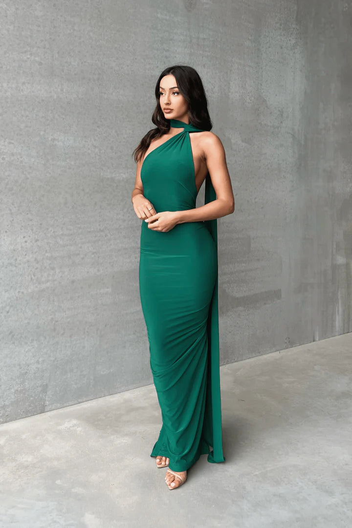 Emerald green one shoulder backless gown