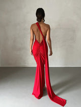 Red One Shoulder Backless Gown