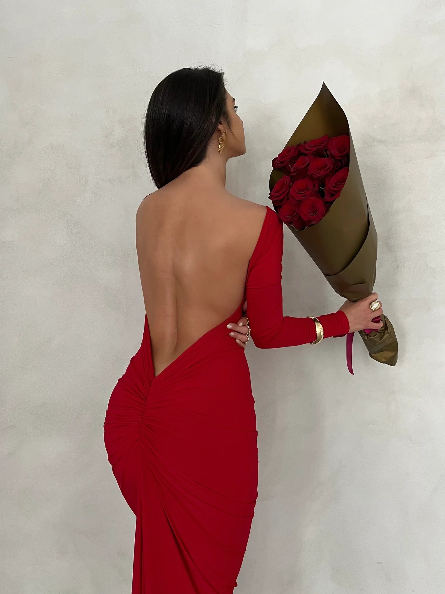 Burgundy Red full sleeves backless dress