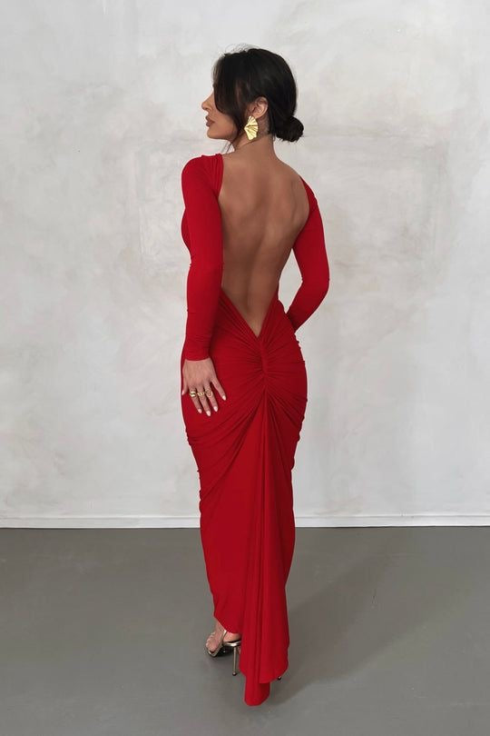 Red Full sleeves backless Dress