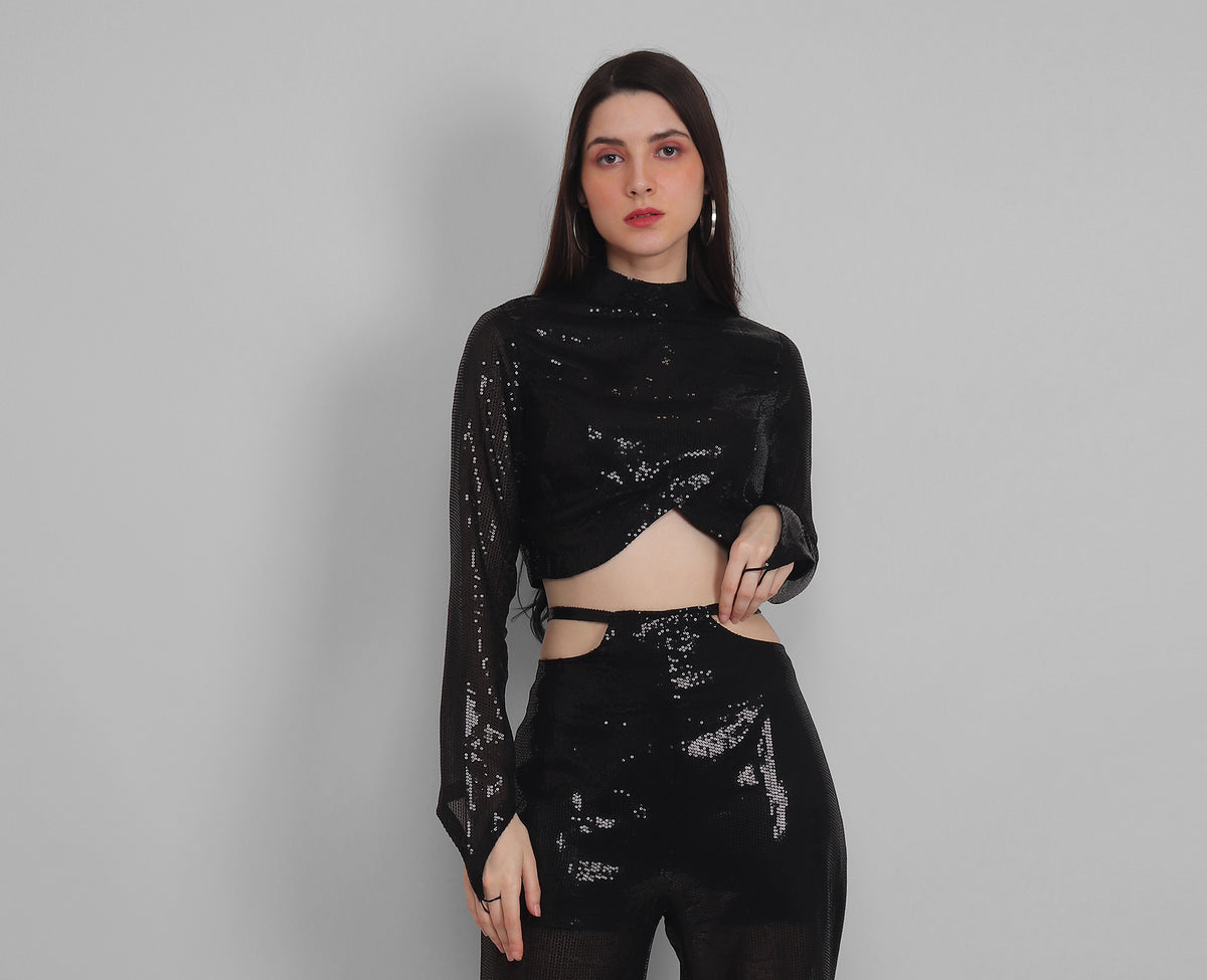 Black Sequin High-Neck Top