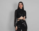 Black Sequin High-Neck Top