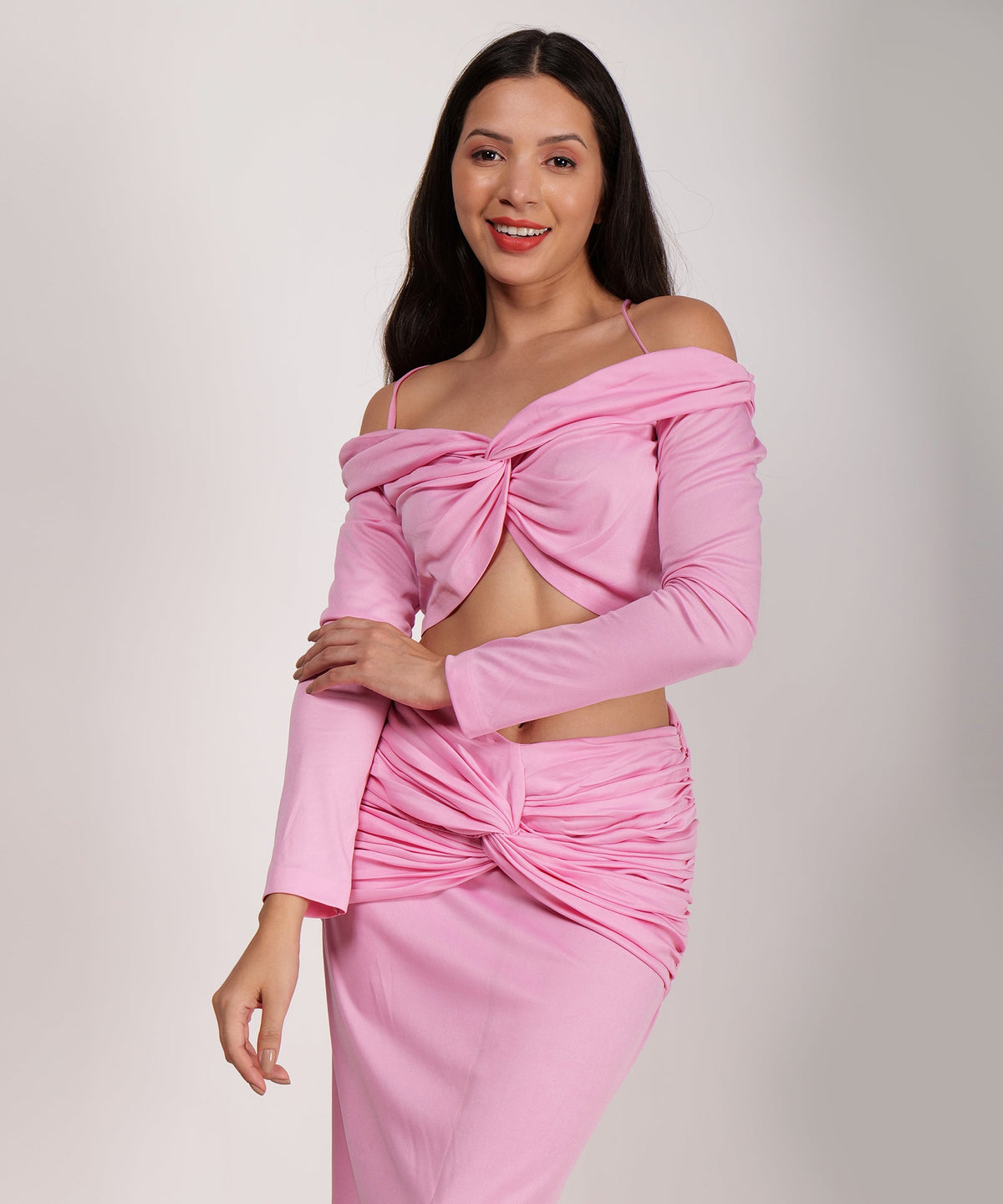 Bloom Pink Wrap Crop Top, shown with the matching bottom from the Bloom Pink Wrap Crop Top & Skirt Set (sold separately)