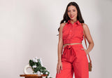 Coral Red Sleeveless Crop Shirt