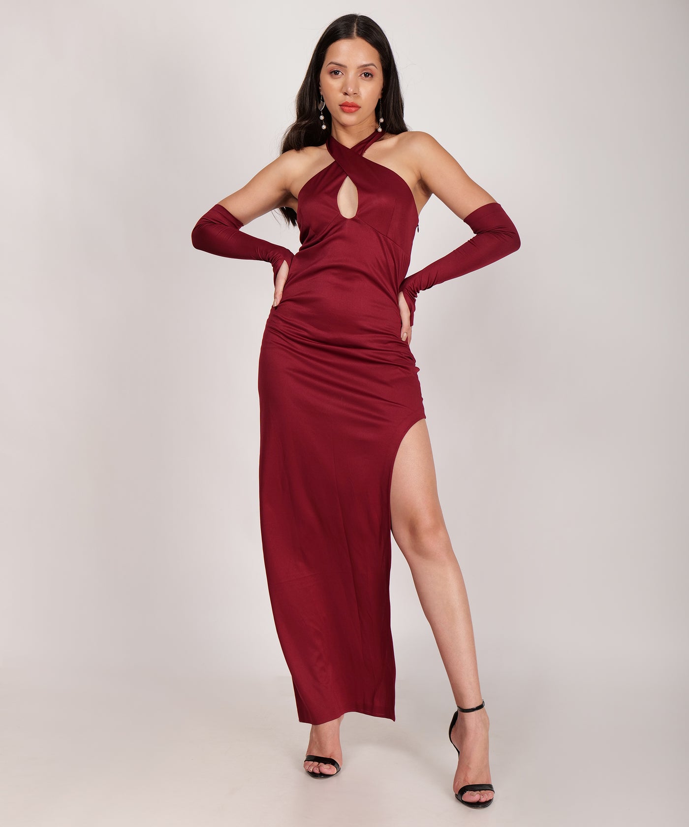 High slit dress with gloves — premium party wear dress by Label Shalini