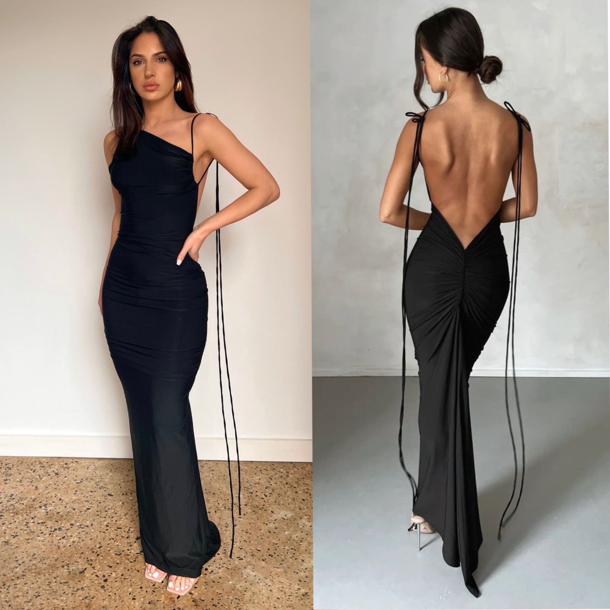 One shoulder backless dress (Black)