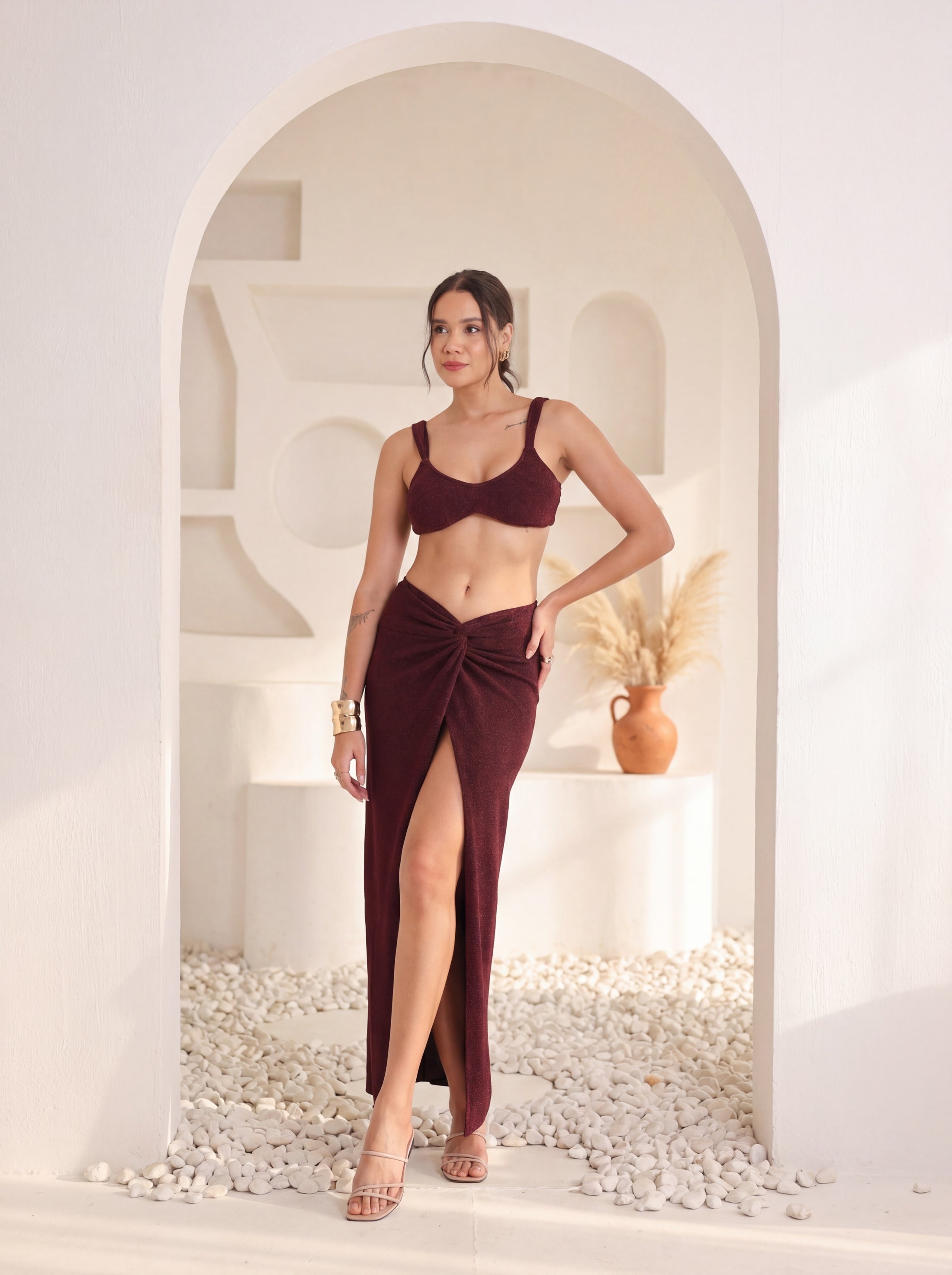 Premium resort wear — burgundy bralette and sarong