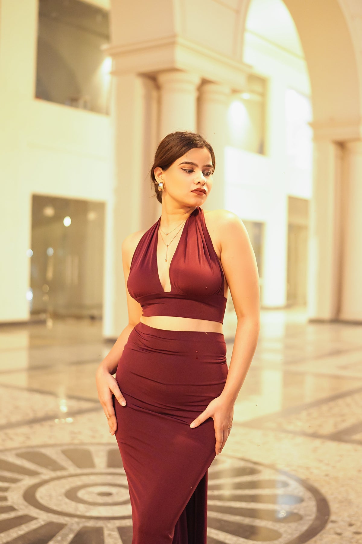 Twilight Elegance Wine Halter Ring Top, shown with the matching bottom from the Twilight Elegance Wine Halter Set (sold separately)